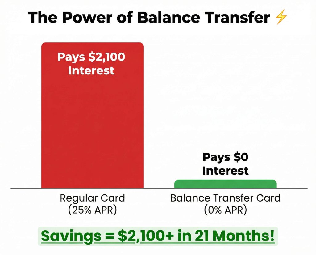 Balance transfer savings graph 0% APR vs 25% APR