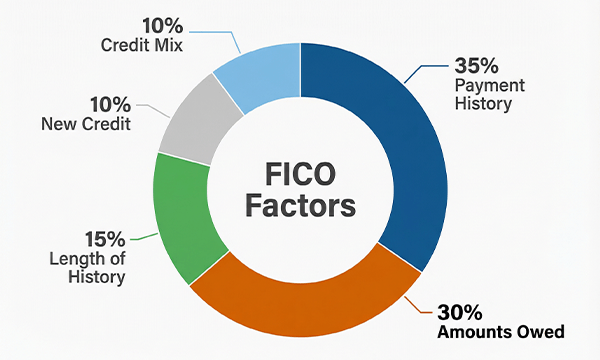 FICO credit score factors pie chart 2026 showing 35% payment history and 30% amounts owed