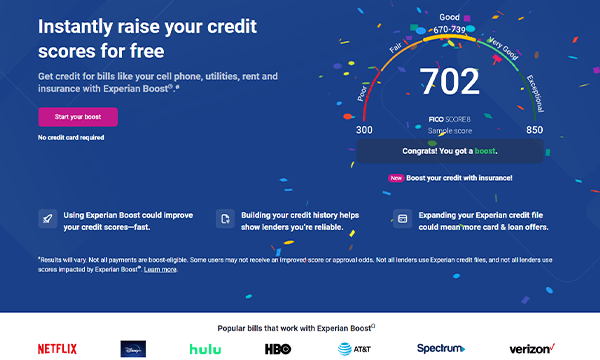 Experian boost app screenshot linking utility bills and netflix for credit points