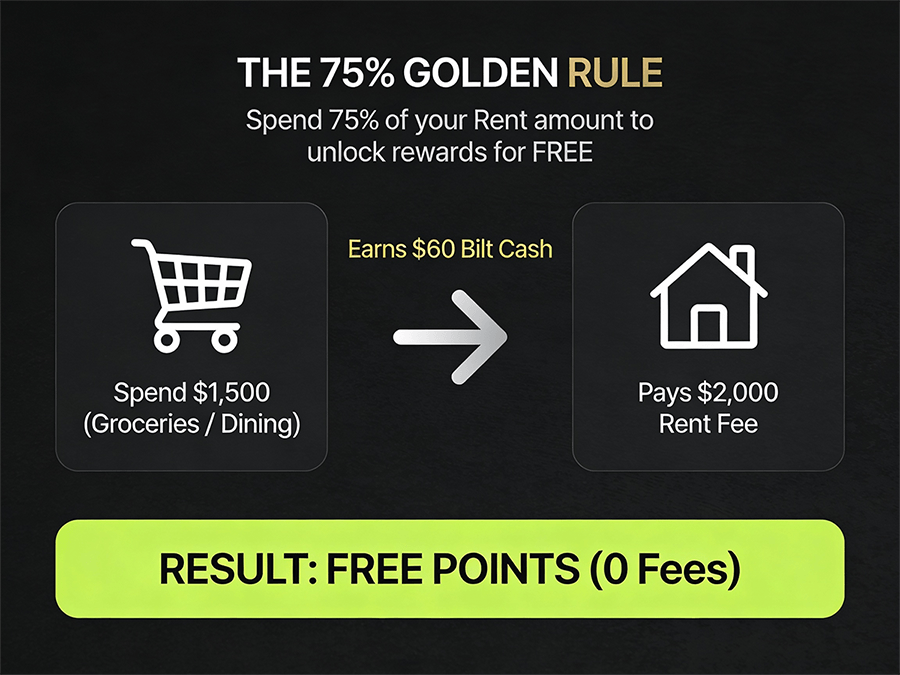 Bilt 75% rule infographic showing calculation to spend $1500 on dining to unlock $2000 mortgage rewards fee-free