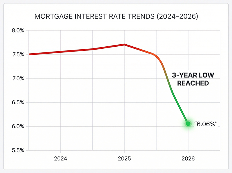 Line graph showing mortgage rates drop 2026 falling to 6.06 percent lowest in 3 years