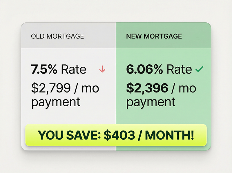 Calculation showing monthly savings of 403 dollars by refinancing from 7.5 to 6.06 percent